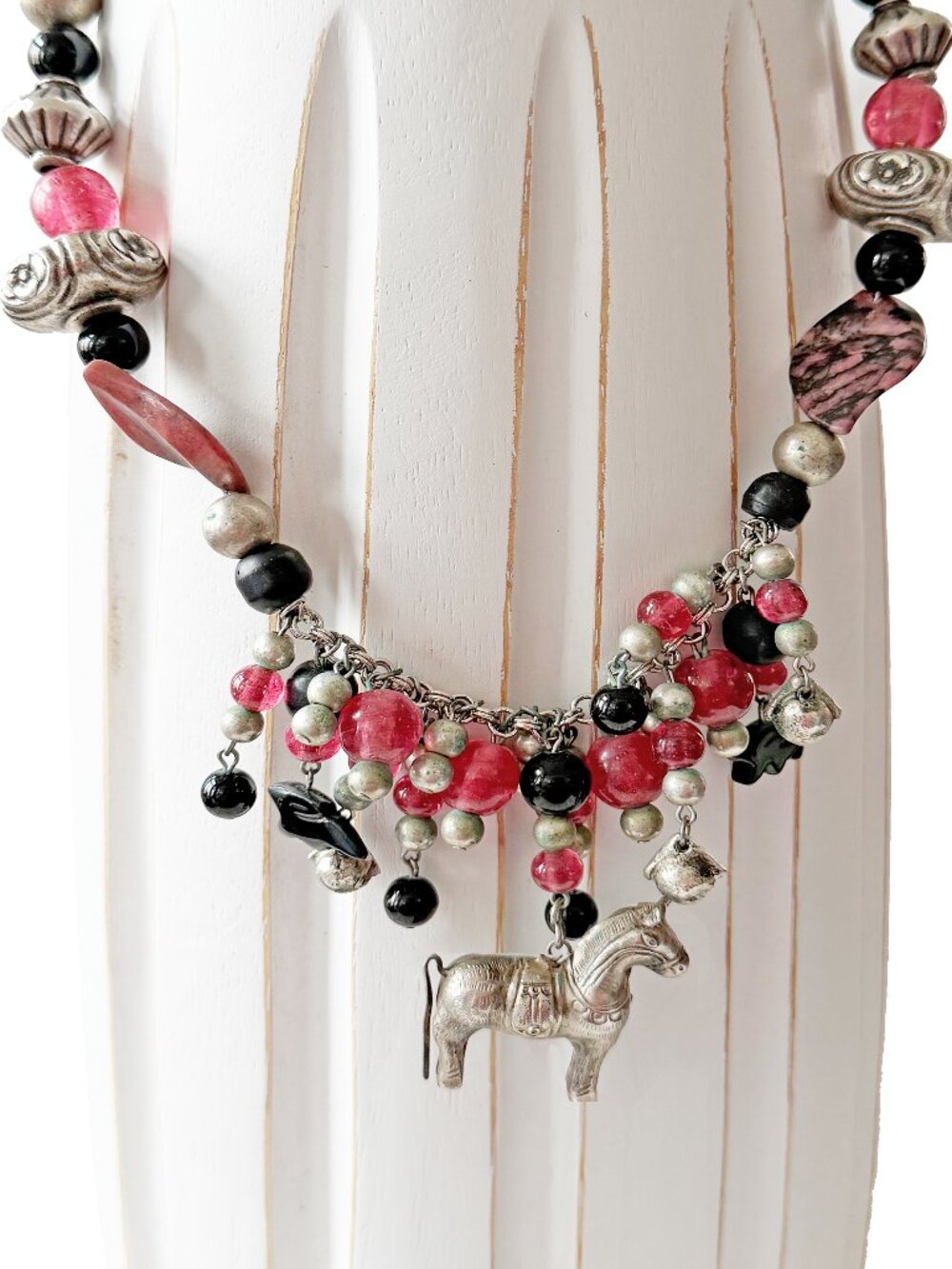 Roxsann (Eklund) Equestrian Horse Charm Necklace Pink Black Beaded - Vintage